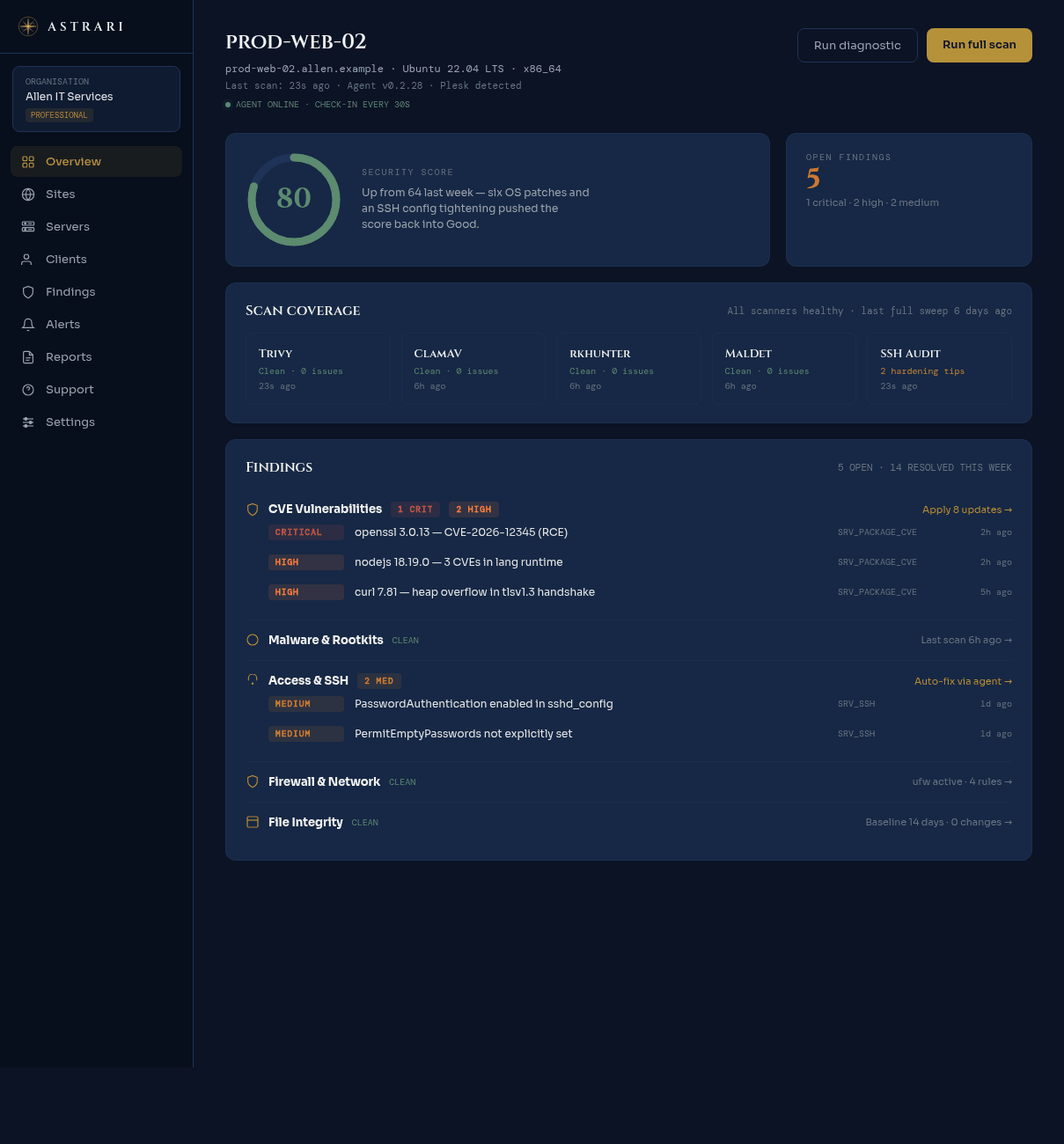 Astrari server detail — findings grouped by category with one-click fixes